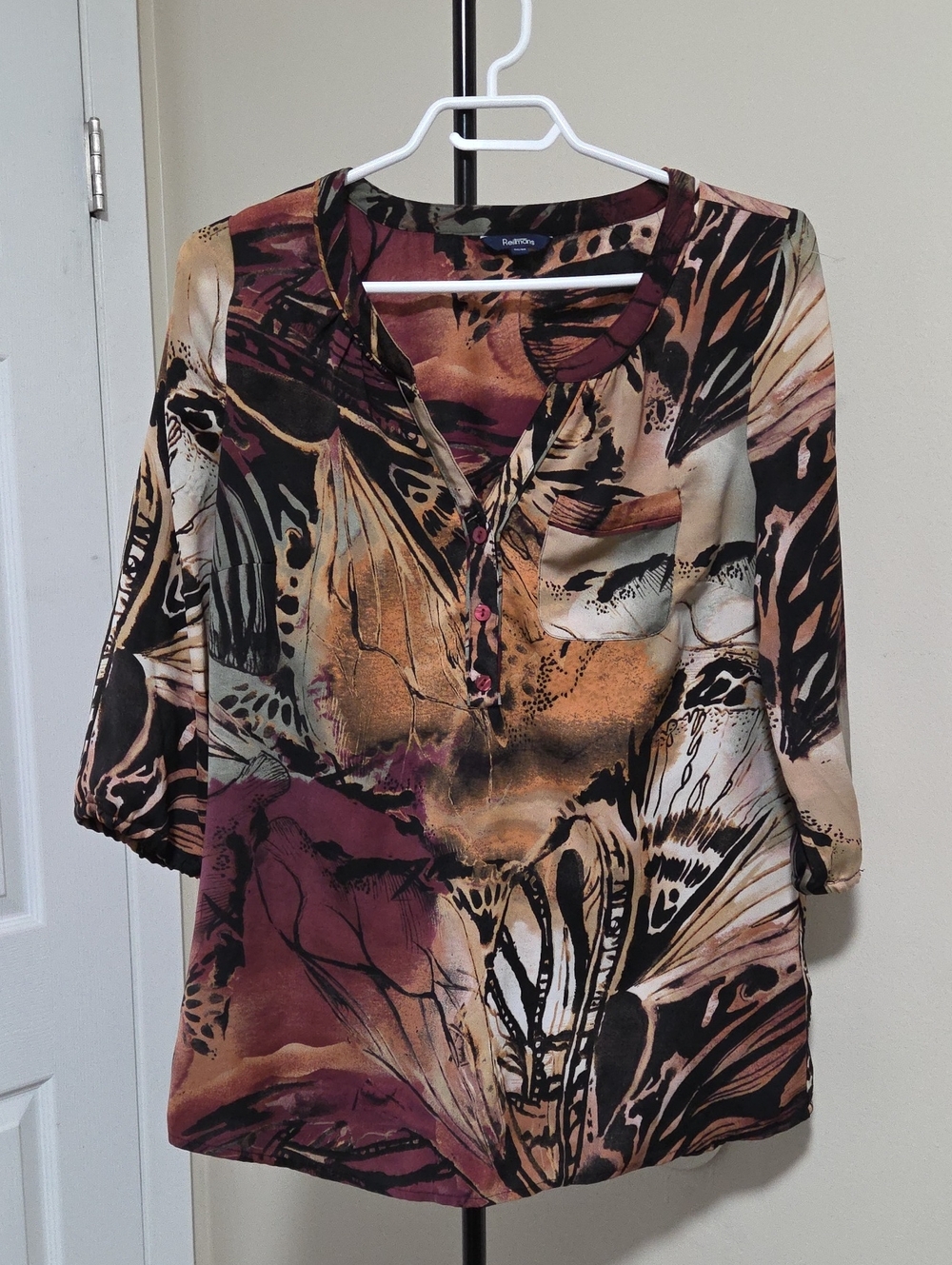 Reitmans Multi-Color Abstract Print Tunic - Burgundy, Tan, Black